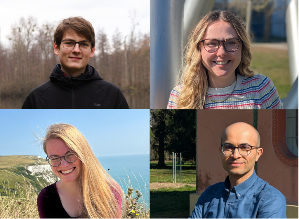 Photos of Jonas, Marlen, Jana and Navid outdoors, all smiling at the camera, in different natural settings.