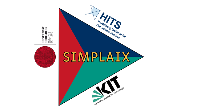 Triangle-shaped SIMPLAIX, logo with the HITS, KIT, and Heidelberg University logos at its edges.